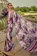 Purple Digital Printed Satin Silk Saree With Blouse Piece