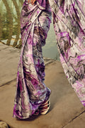 Purple Digital Printed Satin Silk Saree With Blouse Piece