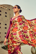 Pink Digital Printed Satin Silk Saree With Blouse Piece