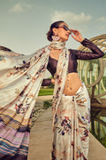 Off White Digital Printed Satin Silk Saree With Blouse Piece