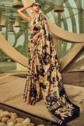 Golden Digital Printed Satin Silk Saree With Blouse Piece
