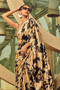 Golden Digital Printed Satin Silk Saree With Blouse Piece