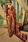 Brown Digital Printed Satin Silk Saree With Blouse Piece