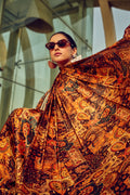 Brown Digital Printed Satin Silk Saree With Blouse Piece