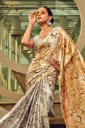 White Digital Printed Satin Silk Saree With Blouse Piece
