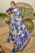 White & Blue Digital Printed Satin Silk Saree With Blouse Piece