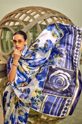 White & Blue Digital Printed Satin Silk Saree With Blouse Piece