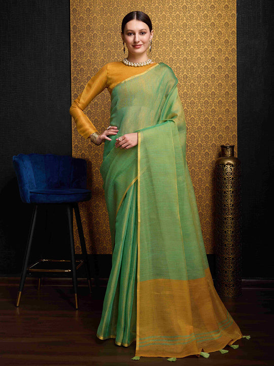 Green Linen Festive Wear Saree With Blouse Piece