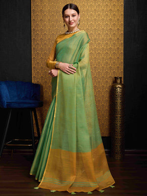Green Linen Festive Wear Saree With Blouse Piece