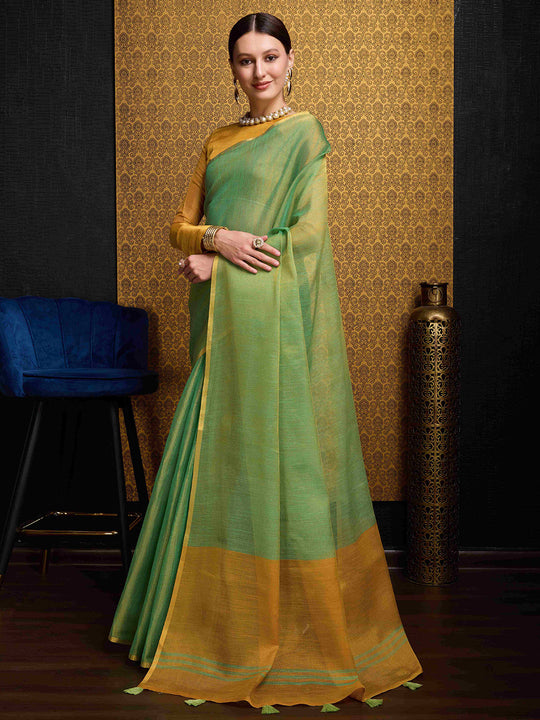 Green Linen Festive Wear Saree With Blouse Piece