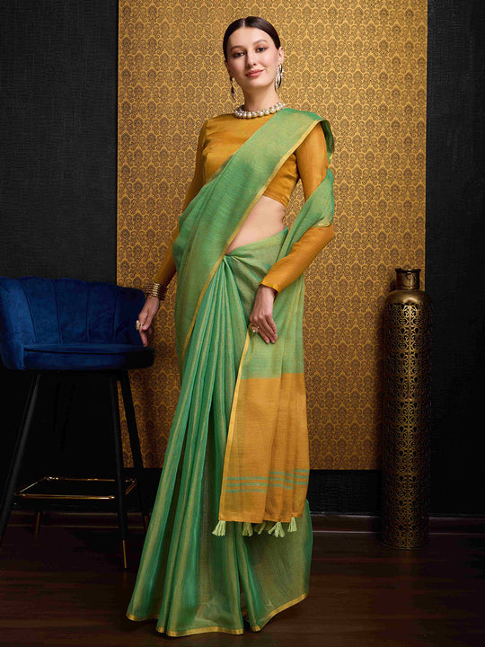 Green Linen Festive Wear Saree With Blouse Piece