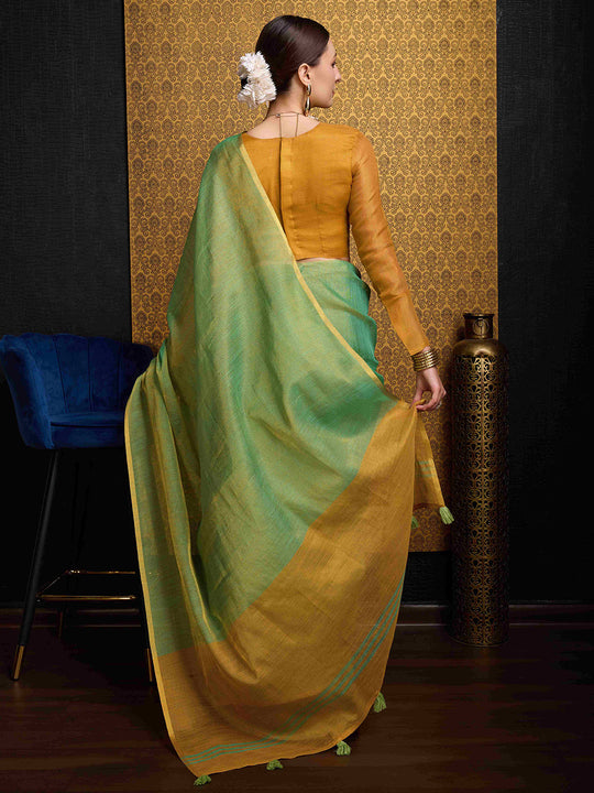 Green Linen Festive Wear Saree With Blouse Piece