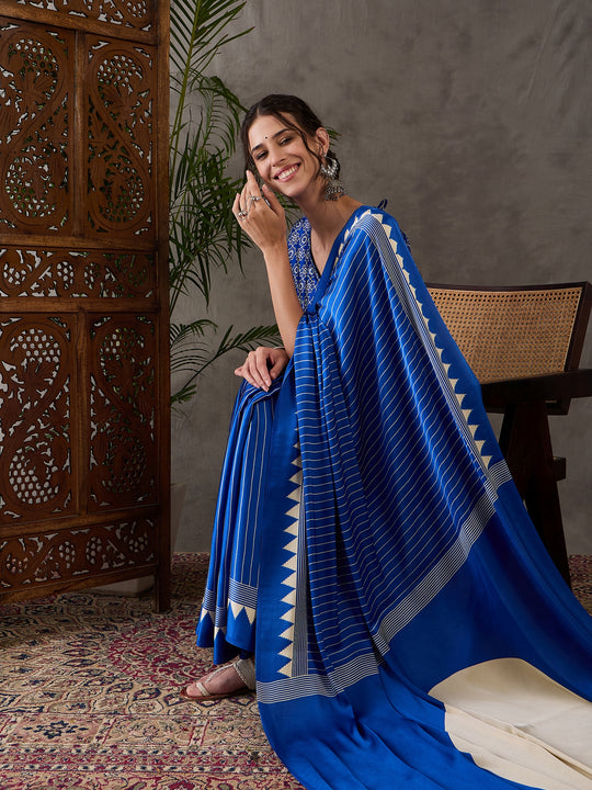 Blue Semi Modal Saree With Blouse Piece