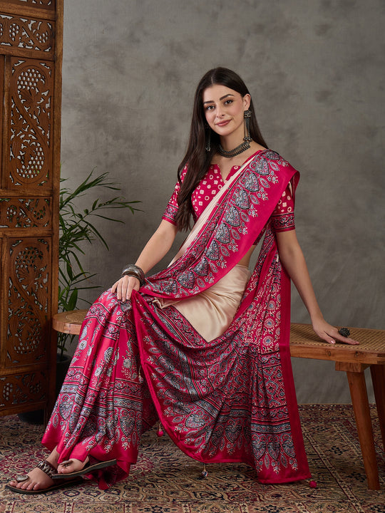 Cream Semi Modal Saree With Blouse Piece