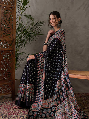 Black Semi Modal Saree With Blouse Piece