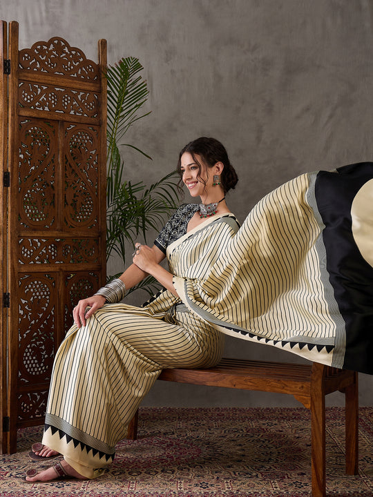 Cream Semi Modal Saree With Blouse Piece