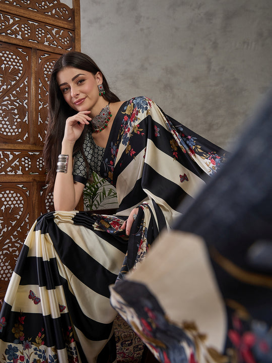 Black Semi Modal Saree With Blouse Piece