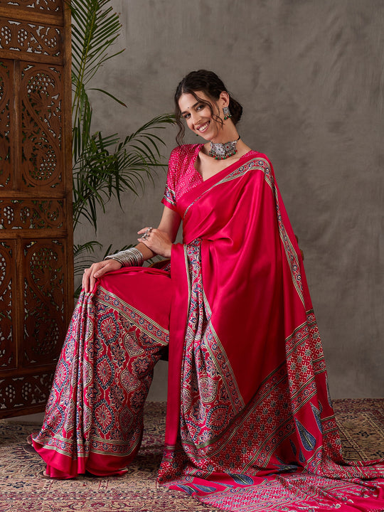 Pink Semi Modal Saree With Blouse Piece
