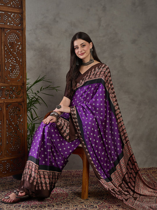 Brown Semi Modal Saree With Blouse Piece