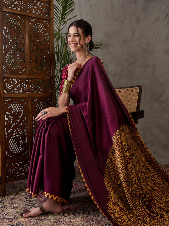 Wine Semi Modal Saree With Blouse Piece