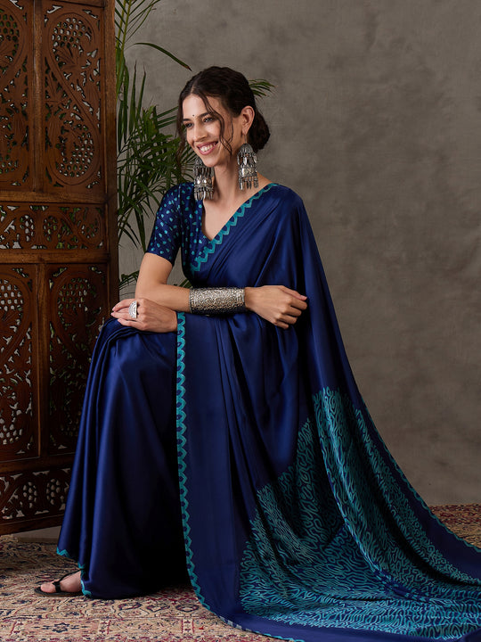 Blue Semi Modal Saree With Blouse Piece