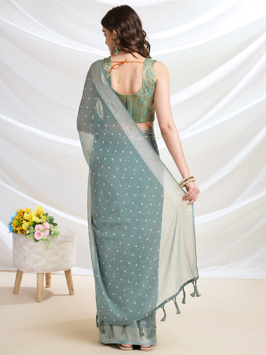 Sea Green Chiffon Ready To Wear Saree With Blouse Piece