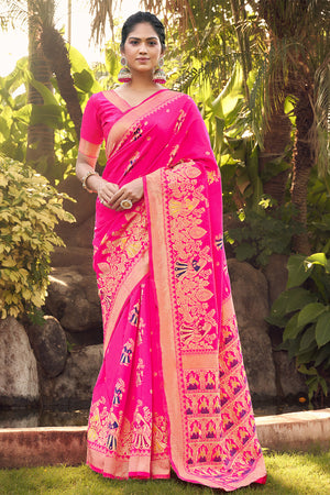 Womens Banarasi Silk Pink Saree With Blouse Piece