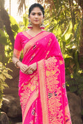 Womens Banarasi Silk Pink Saree With Blouse Piece