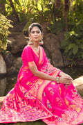 Womens Banarasi Silk Pink Saree With Blouse Piece