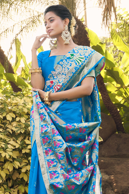 Cyan Blue Banarasi Saree