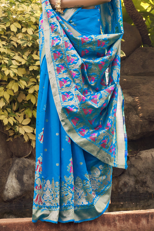Cyan Blue Banarasi Saree