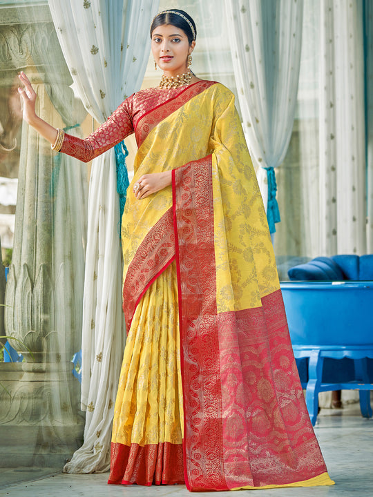 Yellow Linen Cotton Saree With Blouse Piece