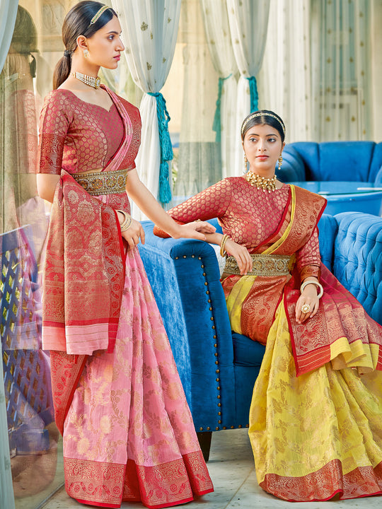 Light Pink Linen Cotton Saree With Blouse Piece