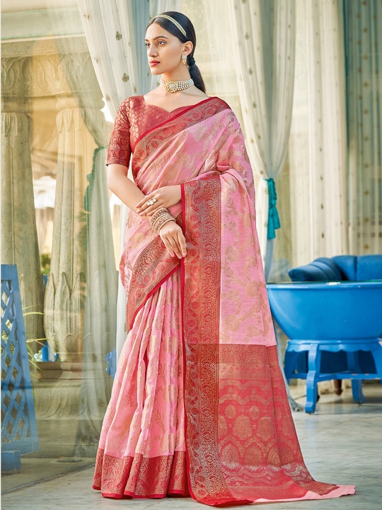 Light Pink Linen Cotton Saree With Blouse Piece