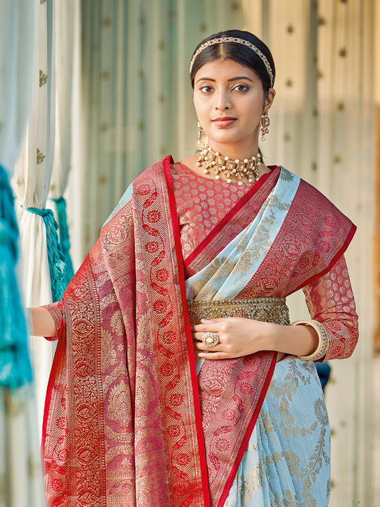 Sky Blue Linen Cotton Saree With Blouse Piece