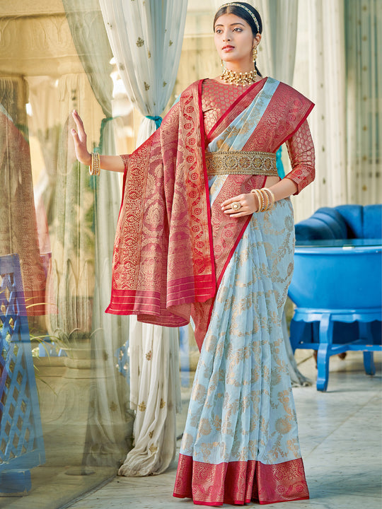 Sky Blue Linen Cotton Saree With Blouse Piece