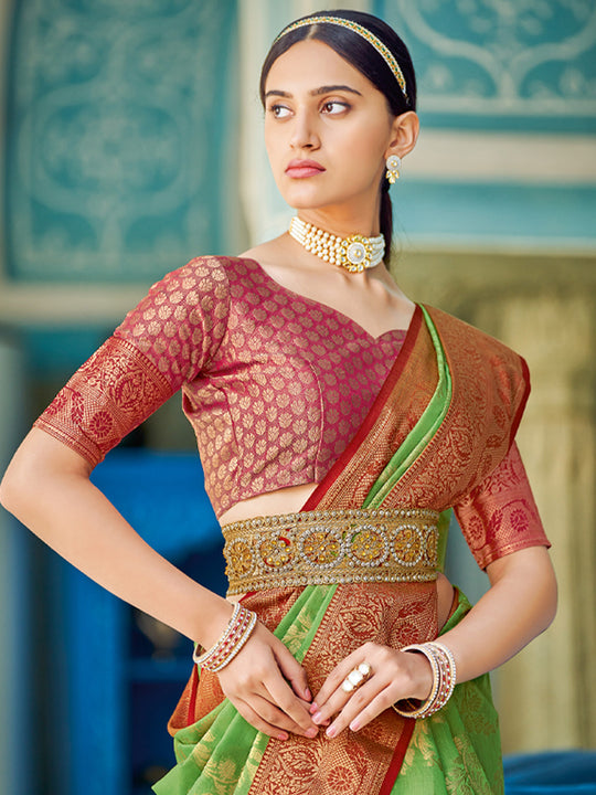 Light Green Linen Cotton Saree With Blouse Piece