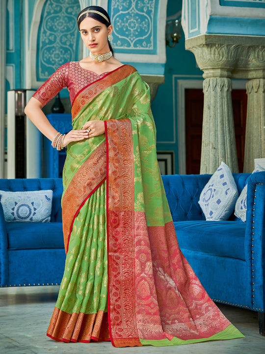Light Green Linen Cotton Saree With Blouse Piece