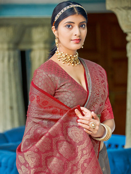 Grey Linen Cotton Saree With Blouse Piece