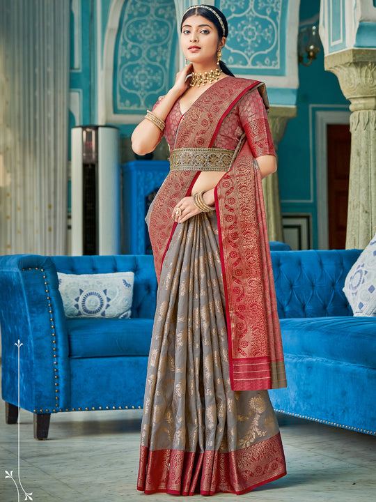 Grey Linen Cotton Saree With Blouse Piece