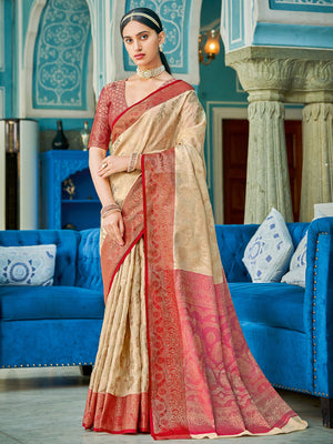 Cream Linen Cotton Saree With Blouse Piece