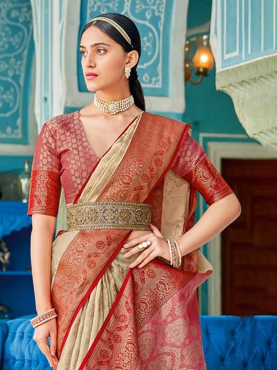 Cream Linen Cotton Saree With Blouse Piece