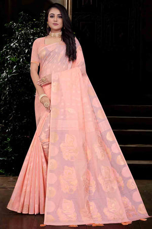 Womens Cotton Peach Saree With Blouse Piece