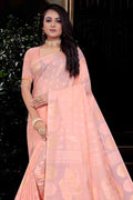 Womens Cotton Peach Saree With Blouse Piece