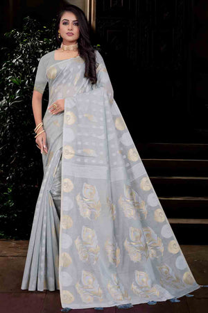 Womens Cotton Grey Saree With Blouse Piece