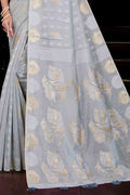 Womens Cotton Grey Saree With Blouse Piece