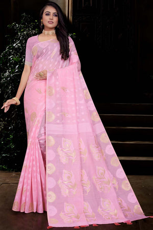 Womens Cotton Pink Saree With Blouse Piece
