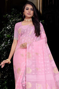 Womens Cotton Pink Saree With Blouse Piece