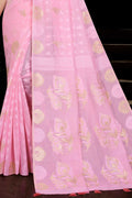 Womens Cotton Pink Saree With Blouse Piece