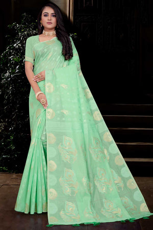 Womens Cotton Green Saree With Blouse Piece